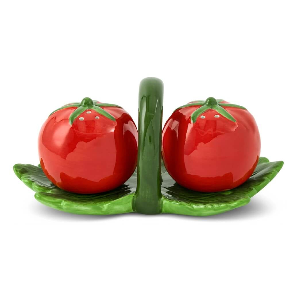 Core Home Tomato Salt & Pepper Shakers Set with Leaf Tray