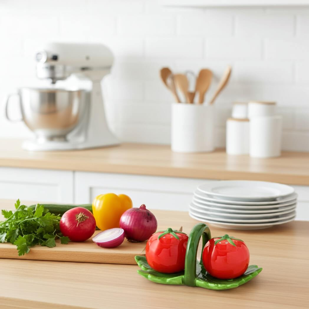Core Home Tomato Salt & Pepper Shakers Set with Leaf Tray