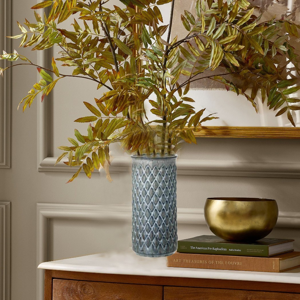 Embossed Stoneware Vase, Slate Reactive Glaze