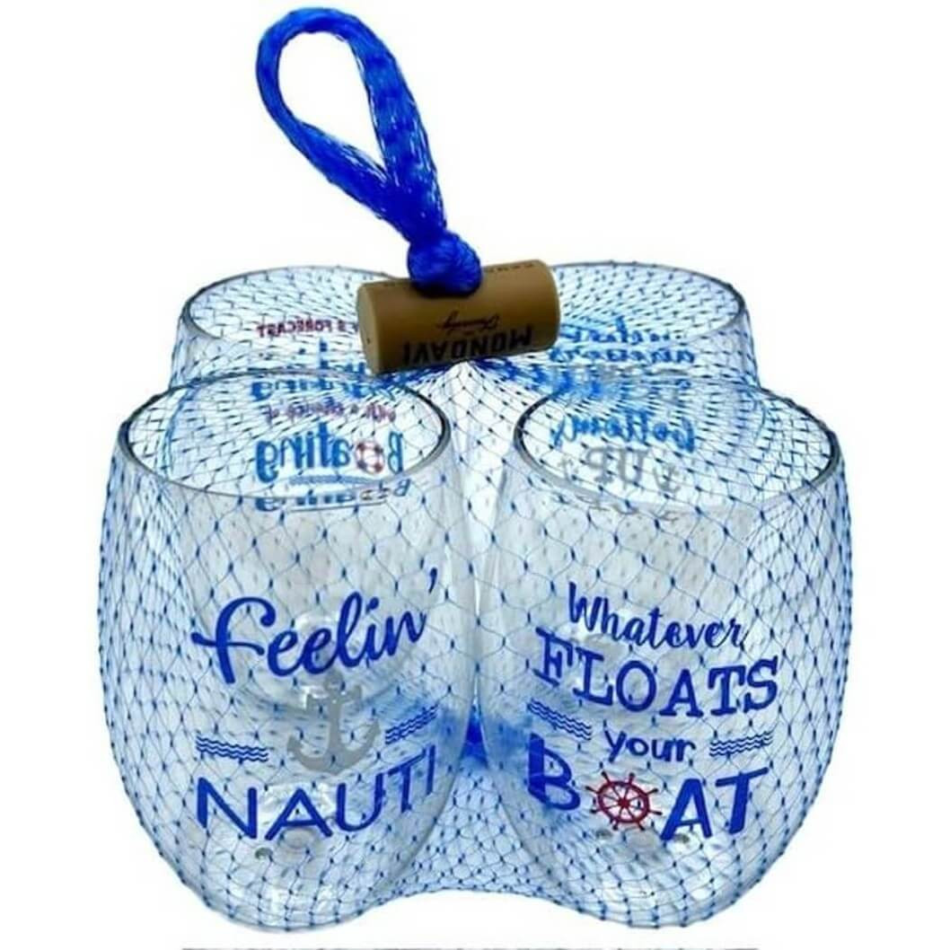 Wine-Oh! Set of 4 Shatterproof Designer 16 oz Plastic Wine Glasses MADE in the USA (BOAT LIFE)