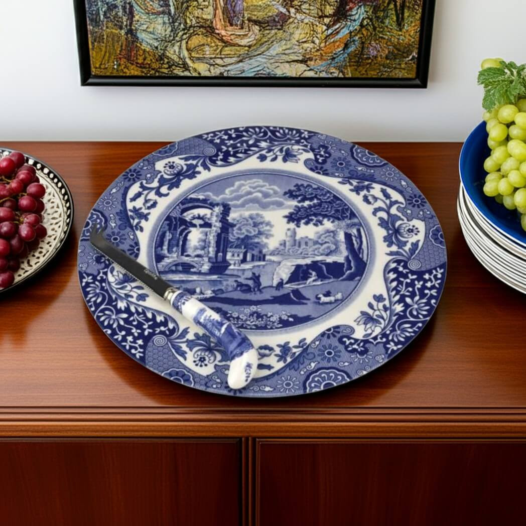 Spode Blue Italian 2-Piece Cheese Plate with Knife