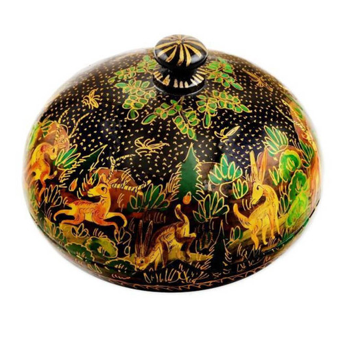 Handmade Jungle Scene Decorative Box In Black Papier Mache