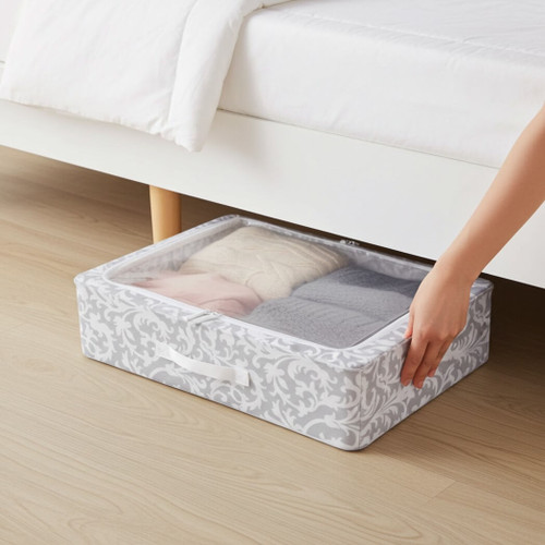 Periea Folding Under-bed Storage Box with Clear Zip Lid, Medium, Grey Damask