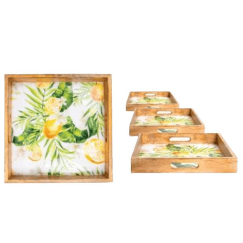 Home Essentials Square Mango Wood Tray with Lemon Enamel, In 3 Sizes