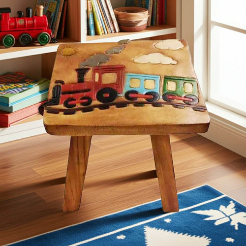 Sea Island Imports Train Design Children's Stool, Hand Carved Acacia Wood