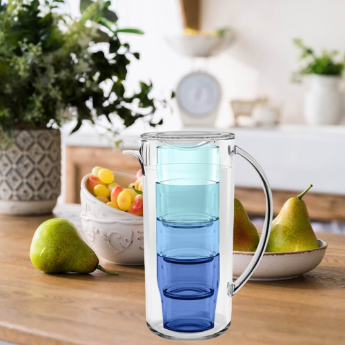 TarHong Simple Stacked Nested Pitcher & Assorted Blue Colored Glass Set,