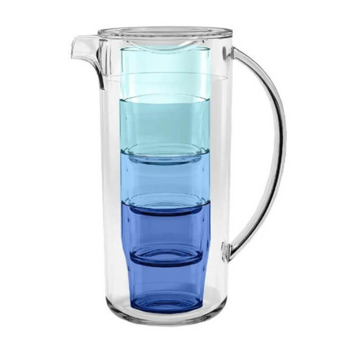TarHong Simple Stacked Nested Pitcher & Assorted Blue Colored Glass Set,