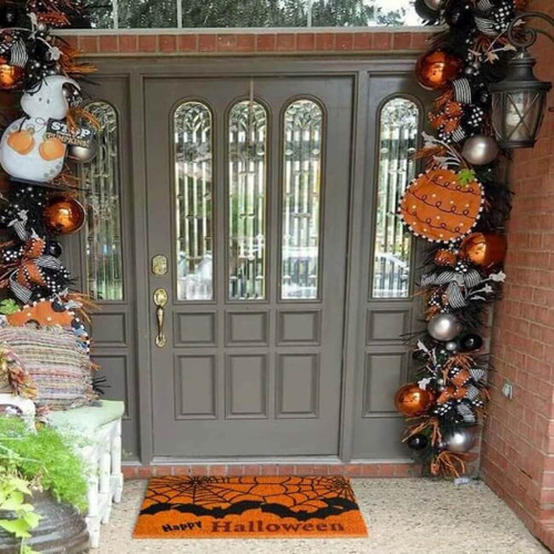 RugSmith Black Happy Halloween Bat & Web Doormat, 18" X 30"