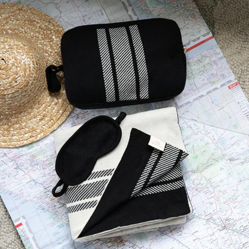 Pink Lemonade Reversible Blanket Travel Set, Stripes, Black/Cream