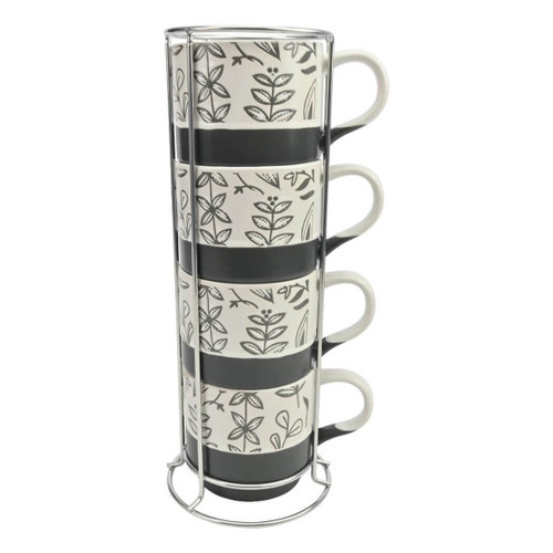 Boston Warehouse Leafy 13-oz Stacked Mugs with Stand, Set of 4