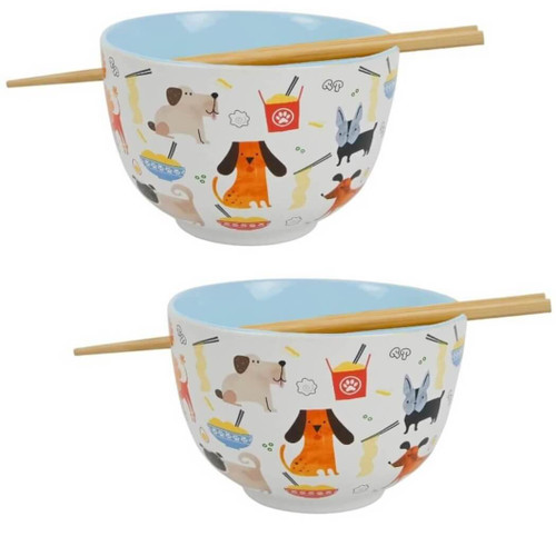 Boston Warehouse Noodle Bowl with Chopsticks, Dog Print Set of 2