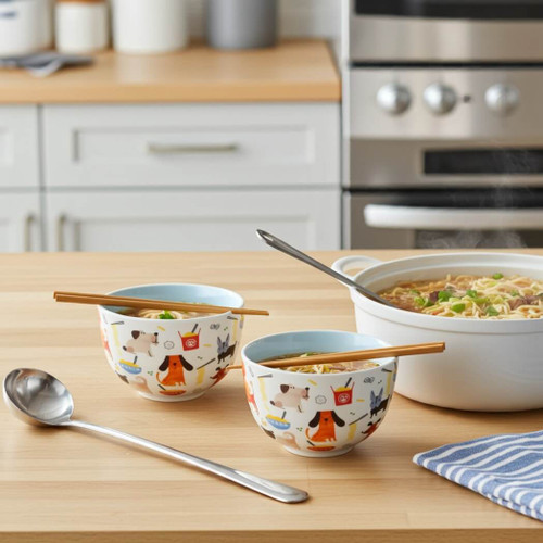 Boston Warehouse Noodle Bowl with Chopsticks, Dog Print Set of 2