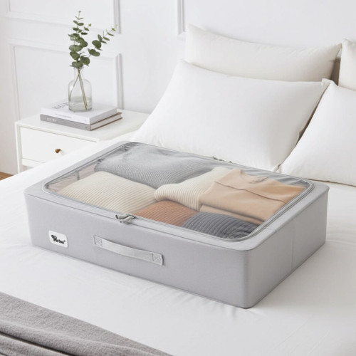 Periea Folding Slim Under the Bed Storage Box with Clear Zip Lid, Medium, Grey