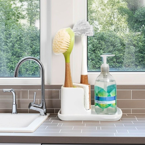 Full Circle Stash Ceramic Sink Caddy and Organizer, White Full Circle Stash Ceramic Sink Caddy and Organizer, White