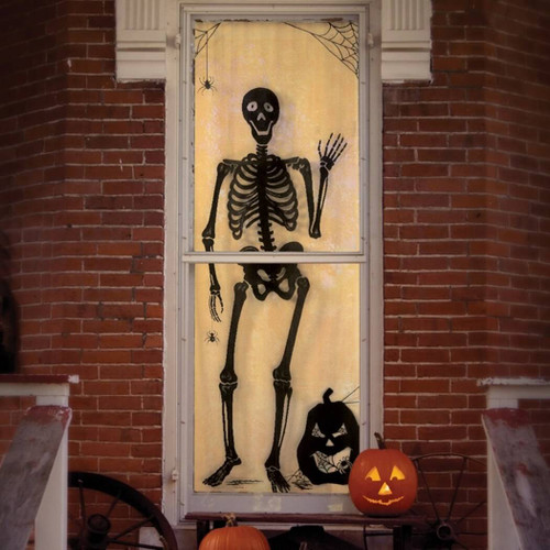Heritage Lace Bones Skeleton Spider Web Halloween Scenic Panel Curtain, Black, 38" x 84"