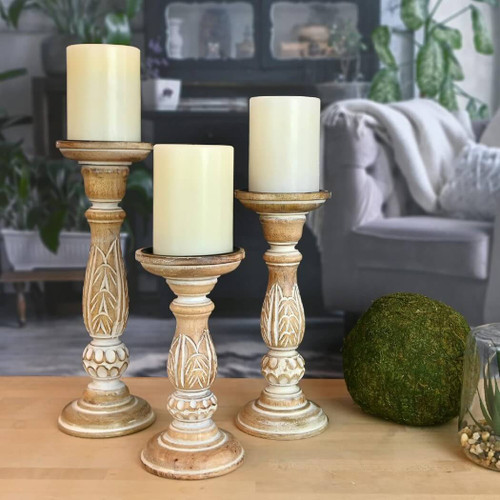 Boston Warehouse Natural Wood Pillar Candle Holder, 3 Piece Set, Distressed Whitewash