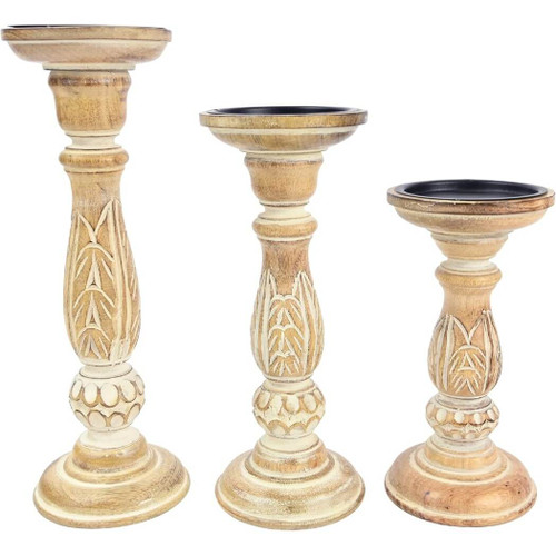 Boston Warehouse Natural Wood Pillar Candle Holder, 3 Piece Set, Distressed Whitewash