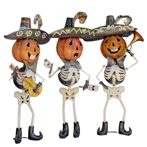 Zaer Small Iron Skeleton Mariachi Figurines, Set of 3, Tres Marlonis