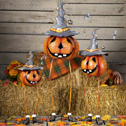 Zaer Ltd. Set of 3 Tall Long-Legged Witch Hat Metal Jack-O-Lantern Pumpkin Figurines