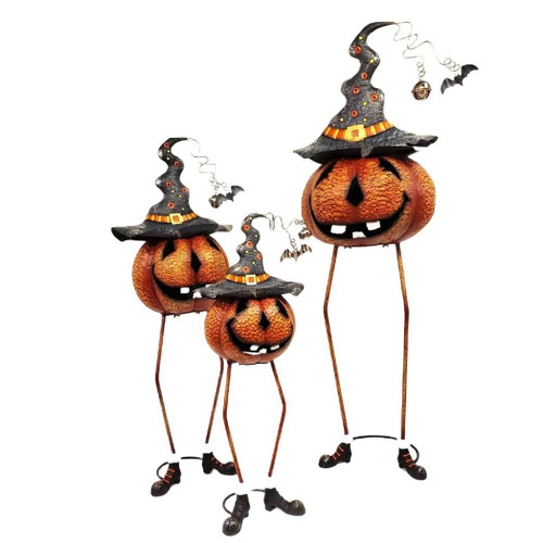 Zaer Ltd. Set of 3 Tall Long-Legged Witch Hat Metal Jack-O-Lantern Pumpkin