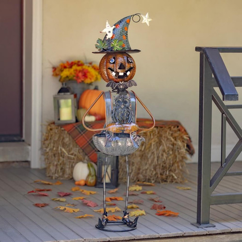 Zaer Ltd. 42.5" Tall Metal Pumpkin Witch with Owl Candy Holder