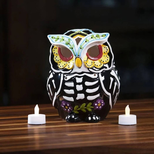 Blue Sky Clayworks Day of The Dead Owl Candle Holder