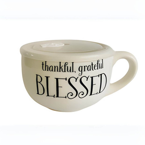 Thankful, Grateful, Blessed, 24-Ounce Stoneware Soup Mug with Lid