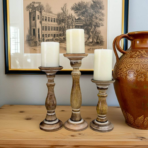 Boston Warehouse Natural Wood Pillar Candle Holder, 3 Piece Set