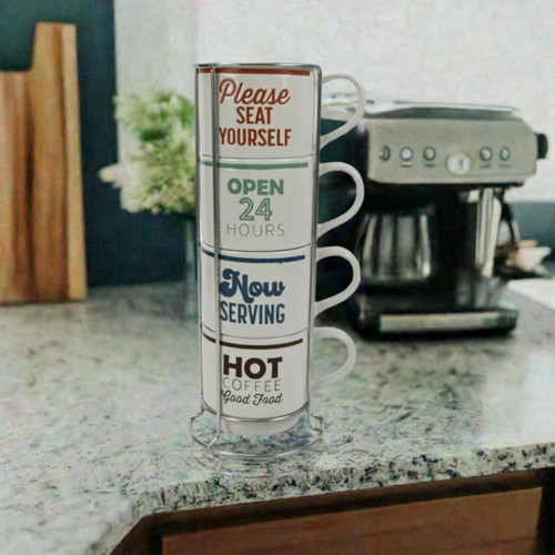 Boston Warehouse 13-oz Stacked Mugs with Stand, Open 24 Hours