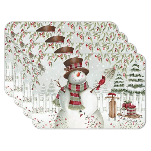 CounterArt Reversible Plastic Placemats, Brown Hat Snowman Set of 4
