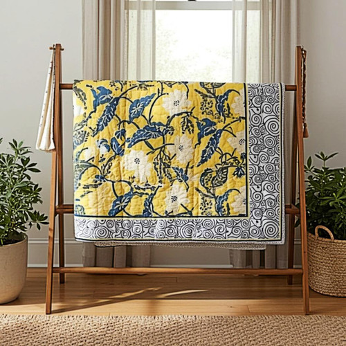 Natural Habitat Hand Block Printed Reversible Queen Quilt, Asian Lotus