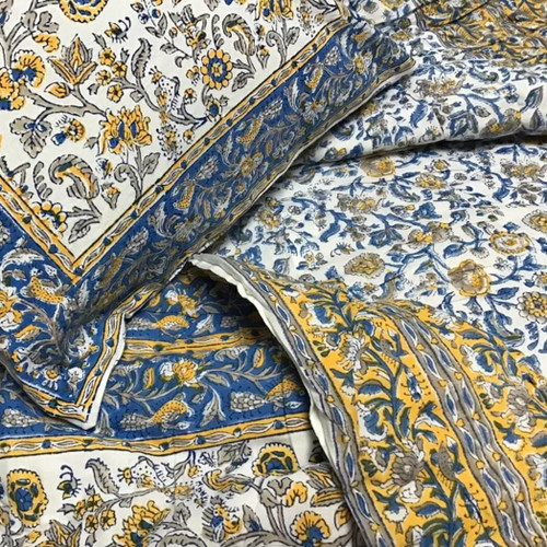 Natural Habitat Hand Block Printed Reversible Queen Quilt, Provence Blue/Yellow Natural Habitat Hand Block Printed Reversible Queen Quilt, Provence Blue/Yellow