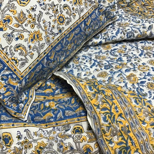 Natural Habitat Hand Block Printed Reversible Queen Quilt, Provence Blue/Yellow