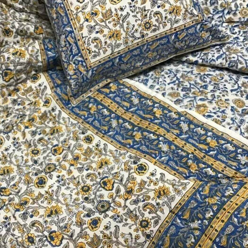 Natural Habitat Hand Block Printed Reversible Queen Quilt, Provence Blue/Yellow