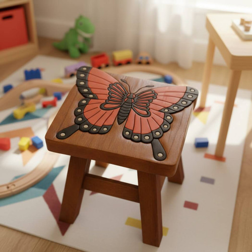 Sea Island Imports Monarch Butterfly Design Hand Carved Acacia Children's Wood Stool