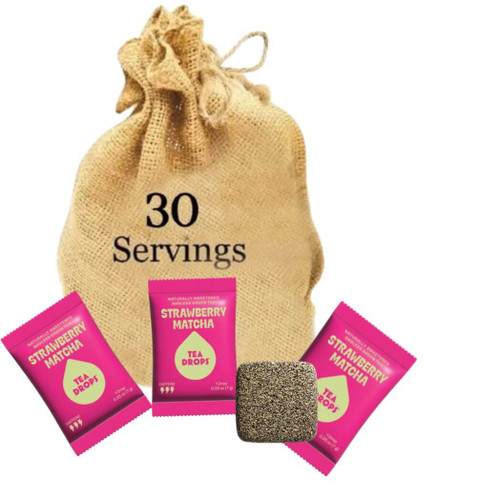 Tea Drops 30 Bulk Pack Organic Bagless Tea in Burlap Bag, Strawberry Matcha Tea 
