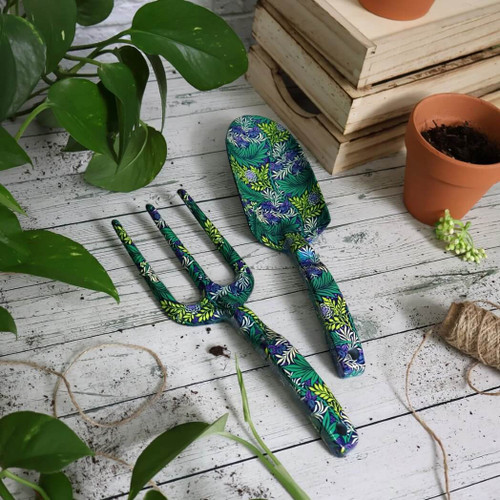 Robert Frederick Orange Grove Gardening Tool Set, Fork & Trowel, William Morris Design Larkspur, Green