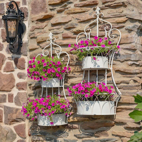Zaer Set of Dual Wall Hanging Iron Basket Planters in Antique White "Copenhagen 1843"
