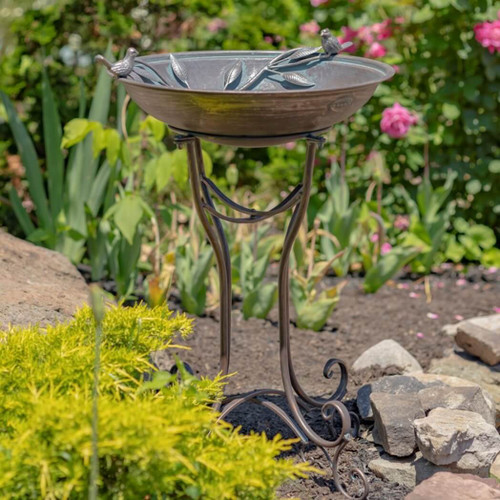 Zaer 31" Tall "Two Birds" Iron Birdbath with Antique Bronze Finish