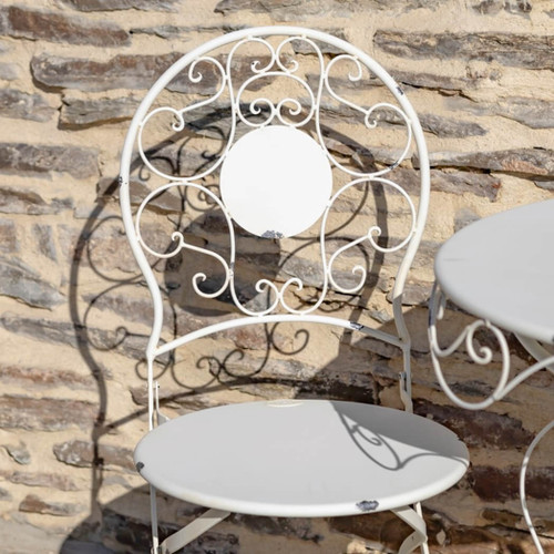 Zaer Ltd. Set of 3 Round Metal Bistro Table & 2 Chairs Le Chardenoux 1908, Antique White