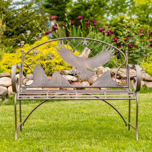 Zaer Round Top Iron Garden Bench with Flying Eagle Backrest, Klamath Zaer Round Top Iron Garden Bench with Flying Eagle Backrest, Klamath