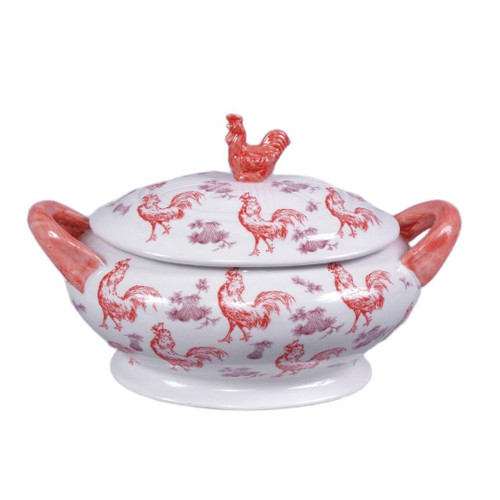 AA Importing Lidded Rooster Tureen in Coral Red