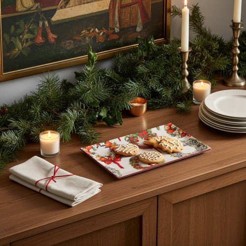 Biccara Handmade Glass Tray- Winter Wreath Rectangle-6x10 inches