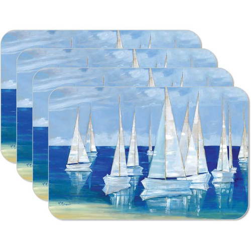 CounterArt Reversible Plastic Placemats, Blanco Beach Sailboats, Set of 4