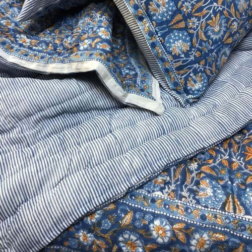 Natural Habitat Hand Block Printed Reversible Queen Quilt,  Sarah Blues