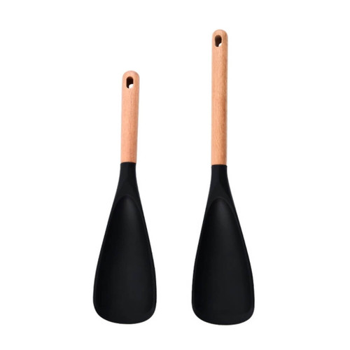 Set of Silicone Cooking Spoons/Scoops, Heat-Resistant, Wooden Handle in 2 sizes, Black