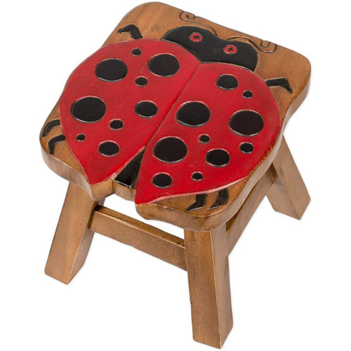 Sea Island Imports Ladybug Design Hand Carved Acacia Children's Wood Stool