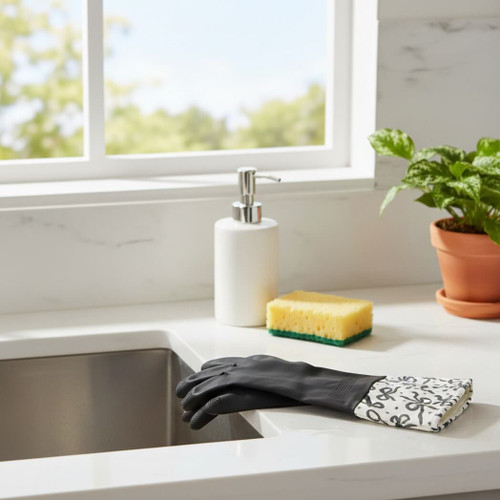 Core Home Cuffed Latex Cleaning & Dishwashing Gloves Bows, Black