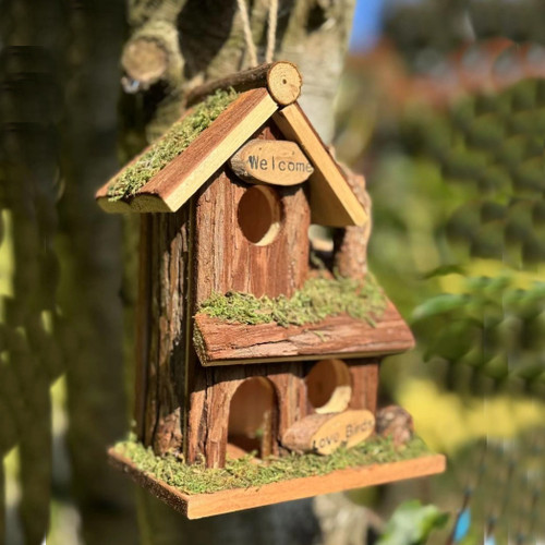 Handmade Wooden Birdhouse Hut with Three Entrances