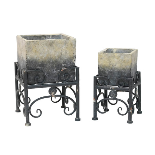 Set/2 Assorted Ceramic Cube Planters w/Metal Tripod Stands in Black